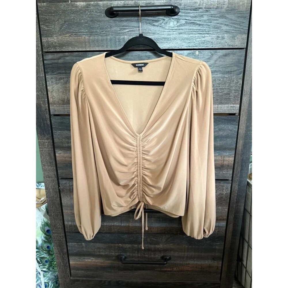 Express V-Neck Ruched Drawstring Long Sleeve Top